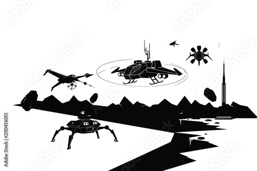 Quadro su tela Military Vehicles And Landscape Silhouette Against White Background