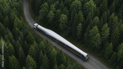 Truck Transporting a Large Wind Turbine Blade Through a Forest