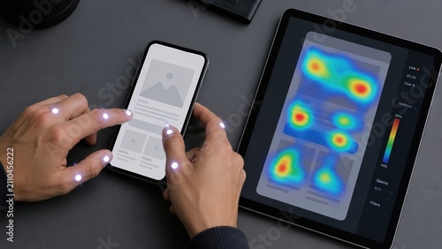 UX Designer Analyzing Mobile App User Interface with Heatmap on Tablet
