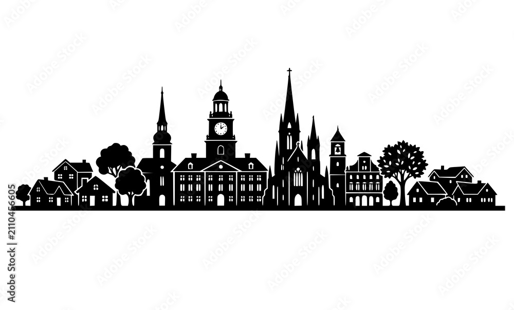 Obraz premium Historic Town Skyline Silhouette Vector with Church Steeples and Houses