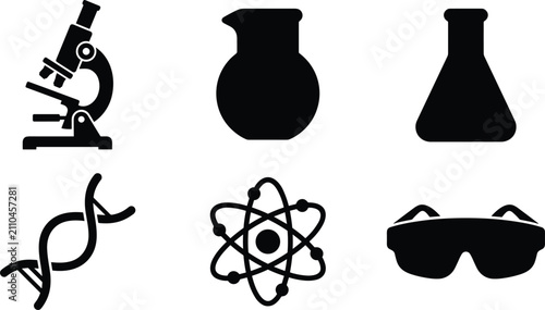 Tableau sur toile Science research and laboratory icon set featuring optical microscope glass beak