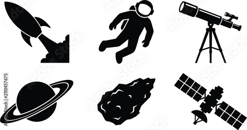 Space exploration and astronomy astronomy silhouette icon set featuring rocket launch floating astronaut telescope ringed planet saturn asteroid and communications satellite vector