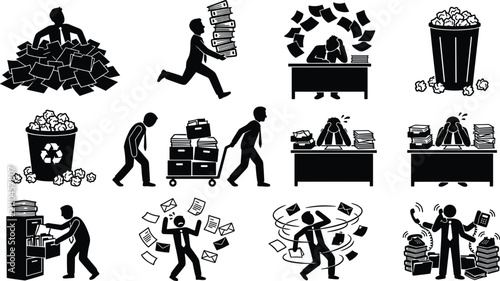 Obraz na płótnie Stressed office worker and business burnout icon set featuring businessman burie