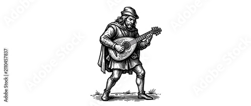 Foto Medieval musician plays lute, vintage illustration style
