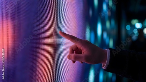 A person's hand pointing at a vibrant, pixelated digital screen displaying colorful lights and abstract patterns.