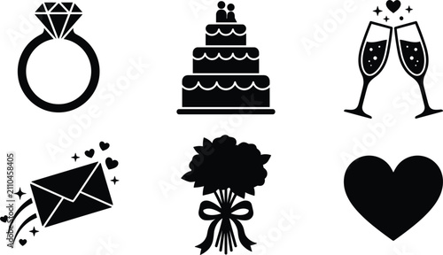 Wedding celebration and marriage ceremony silhouette icon set featuring diamond engagement ring tiered cake champagne toast invitation envelope rose bouquet and heart vector