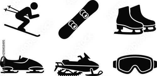 Foto Winter sports and alpine recreation silhouette icon set featuring downhill skier