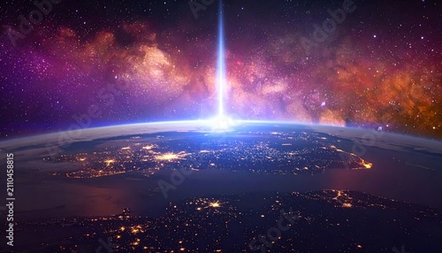 Earth From Space with Vibrant Nebula and Light Beam