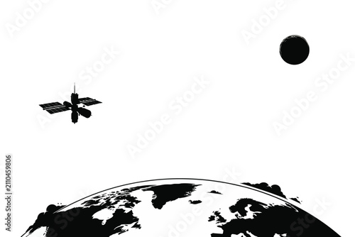 Satellite Moon And Earth Silhouette On White Background