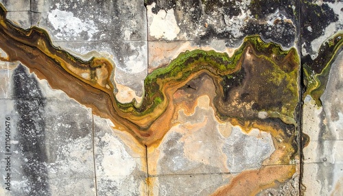 Weathered Stone Surface with Green and Rust Mineral Streaks