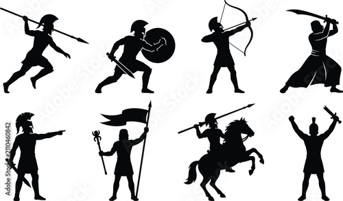 Foto Ancient Greek Spartan Warrior Silhouette Collection with Weapons and Battle Acti