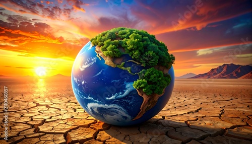 Earth Model Amid Drought Under Dramatic Sunset