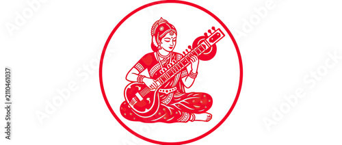 Schilderij op canvas Woman playing traditional stringed instrument in red circle