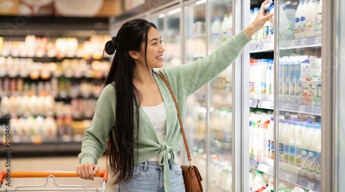 Young Woman Reaching for Milk in Supermarket Dairy Fridge