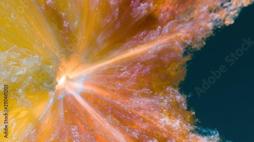 Abstract citrus fruit explosion with luminous light and textured pulp for refreshing beverage branding and copy space