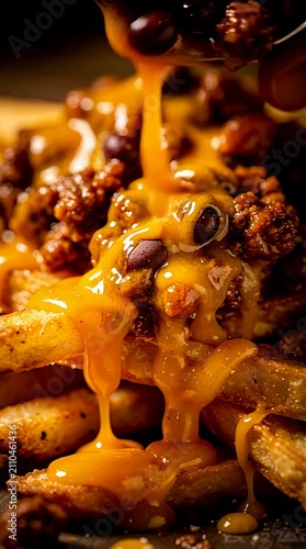 Loaded french fries with melted cheese sauce dripping over pecans in dark restaurant setting