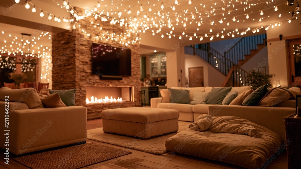 Obraz premium Spacious modern basement living area lit by a warm canopy of string lights with a stone fireplace for cozy home renovation and interior design