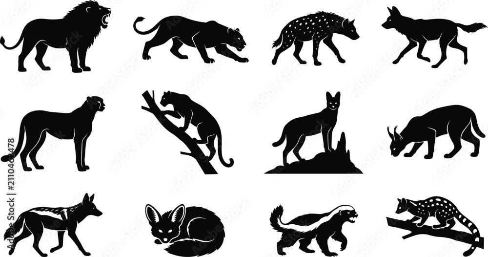 Obraz premium Flat Color Vector Wild African Animal Silhouette Collection Featuring Lion Cheetah and Hyena for Wildlife Graphic Design Projects