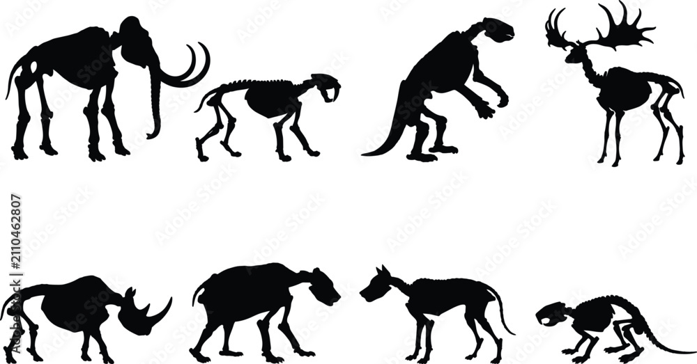 Fototapeta premium Prehistoric Extinct Animal Skeleton Silhouette Collection with Fossil Bones and Ice Age Symbols for Science Educational Graphic Design Projects