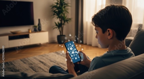 Young boy engrossed in smartphone apps at home in the evening.