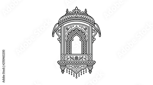 Intricate black and white line art illustration of a traditional Indian jharokha window.