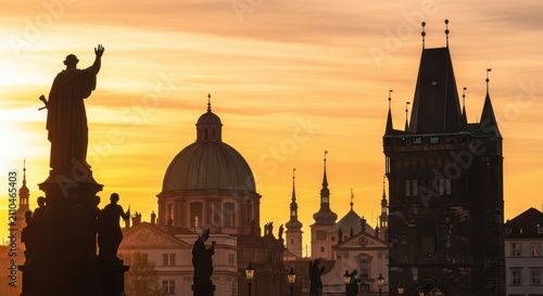 Silhouette of prague city skyline and historic cathedral towers at beautiful sunset
