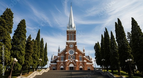 Beautiful old church building with tall spire surrounded by green cypress trees under blue sky