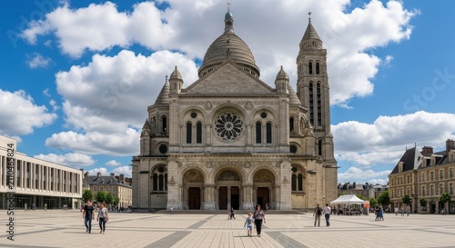 Large stone church building in a town square under a bright blue sky with white clouds