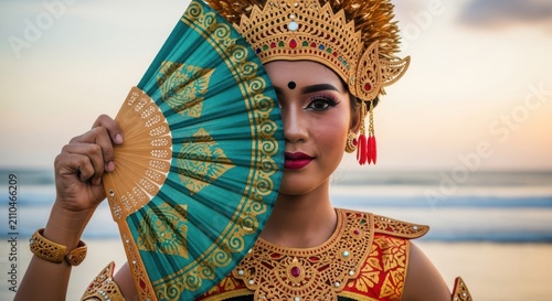Beautiful balinese dancer holding a decorative hand fan on the beach at sunset