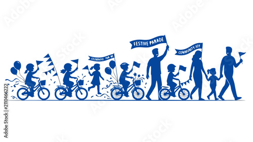 Festive Parade Silhouette Illustration with Children Cycling and Walking
