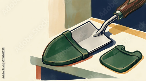 Handheld garden trowel with a protective green cover and a detached guard on a light surface