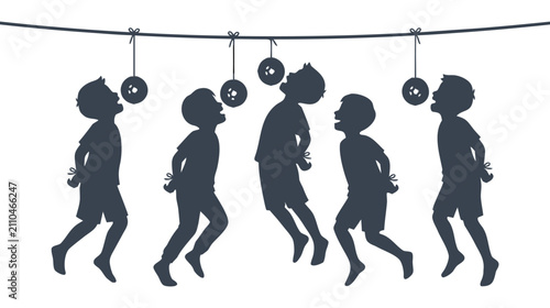 Children Playing Donut Eating Contest Silhouette