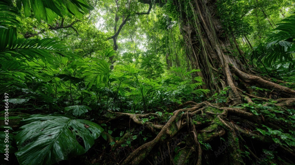 Fototapeta premium Dense Overgrown Jungle with Thick Tangled Lianas and Colossal Ferns