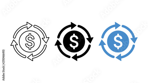 Obraz na płótnie Set of money circulation icons featuring dollar coin symbols with rotating arrow