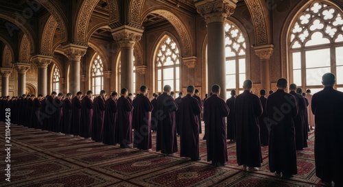 Group of buddhist monks standing in a row inside a large beautiful temple with tall windows