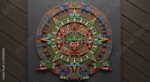 Colorful aztec stone calendar circular design with ancient symbols and intricate carvings