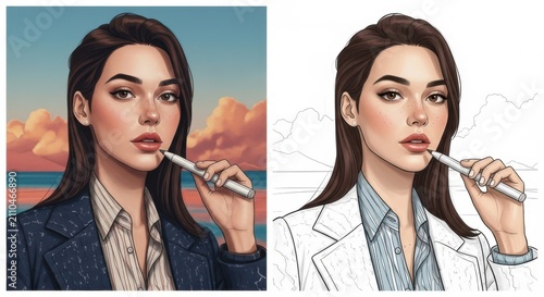 Young professional woman holding a pen in a business style portrait illustration