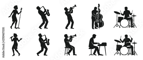 Fotografía Silhouette Musicians Playing Instruments on White Background