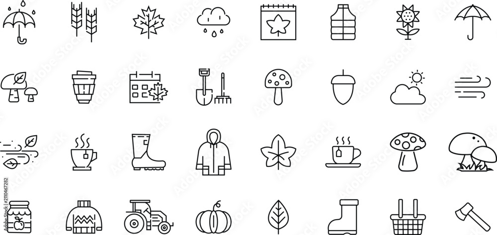Fototapeta premium Seasonal Lifestyle Line Icons Set Weather Food Nature Outline Vector Collection