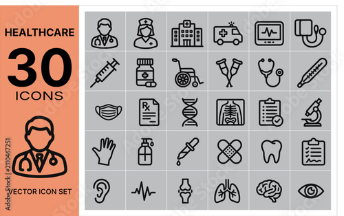 Healthcare Icon Set – 30 Line Icons for Medical, Hospital, Doctor and Pharmacy
