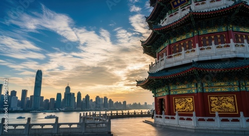 Traditional chinese pagoda temple with modern city skyline in the background during sunset