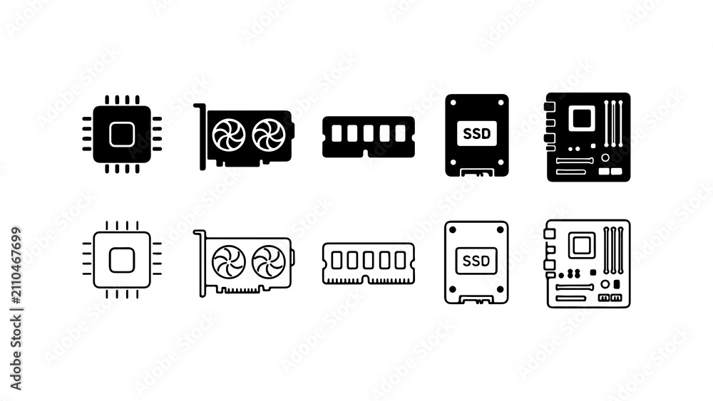Fototapeta premium Computer Hardware Icons Set in Silhouette and Outline Style Vector