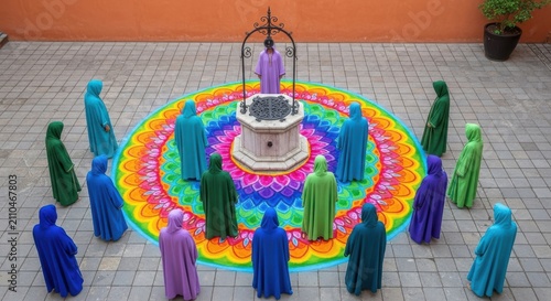Group of people in colorful robes standing in a circle around a stone well with a bright pattern