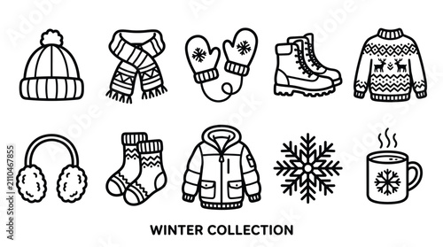 Foto Set of Linear Winter Clothing and Seasonal Accessories for Cold Weather