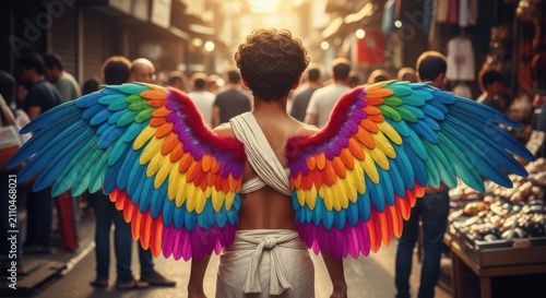 Person wearing colorful rainbow wings standing in a busy city street crowd