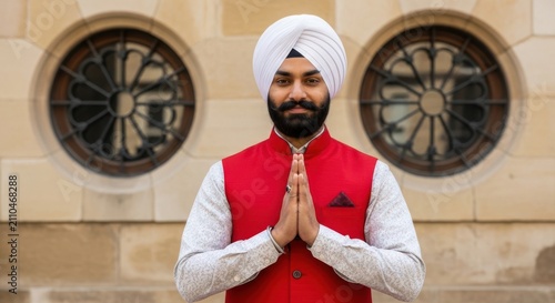 Young indian man wearing a turban and red vest greeting with hands together in traditional style