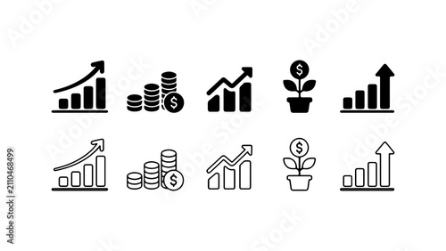 Financial Growth and Investment Icon Set in Silhouette and Outline Styles