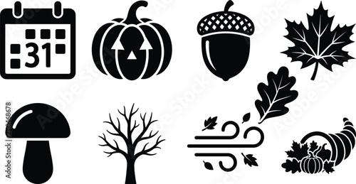  Fall season elements and October thirty first holiday icons collection including jack o lantern pumpkin cornucopia blowing wind and leaves