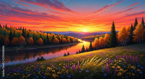 Beautiful sunset over a river in a pine forest with colorful clouds and mountains in the distance