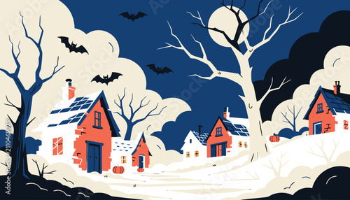 Spooky halloween village with bats and full moon at night